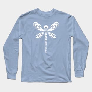 Dragonfly White Tribal Tattoo Style Art Long Sleeve T-Shirt